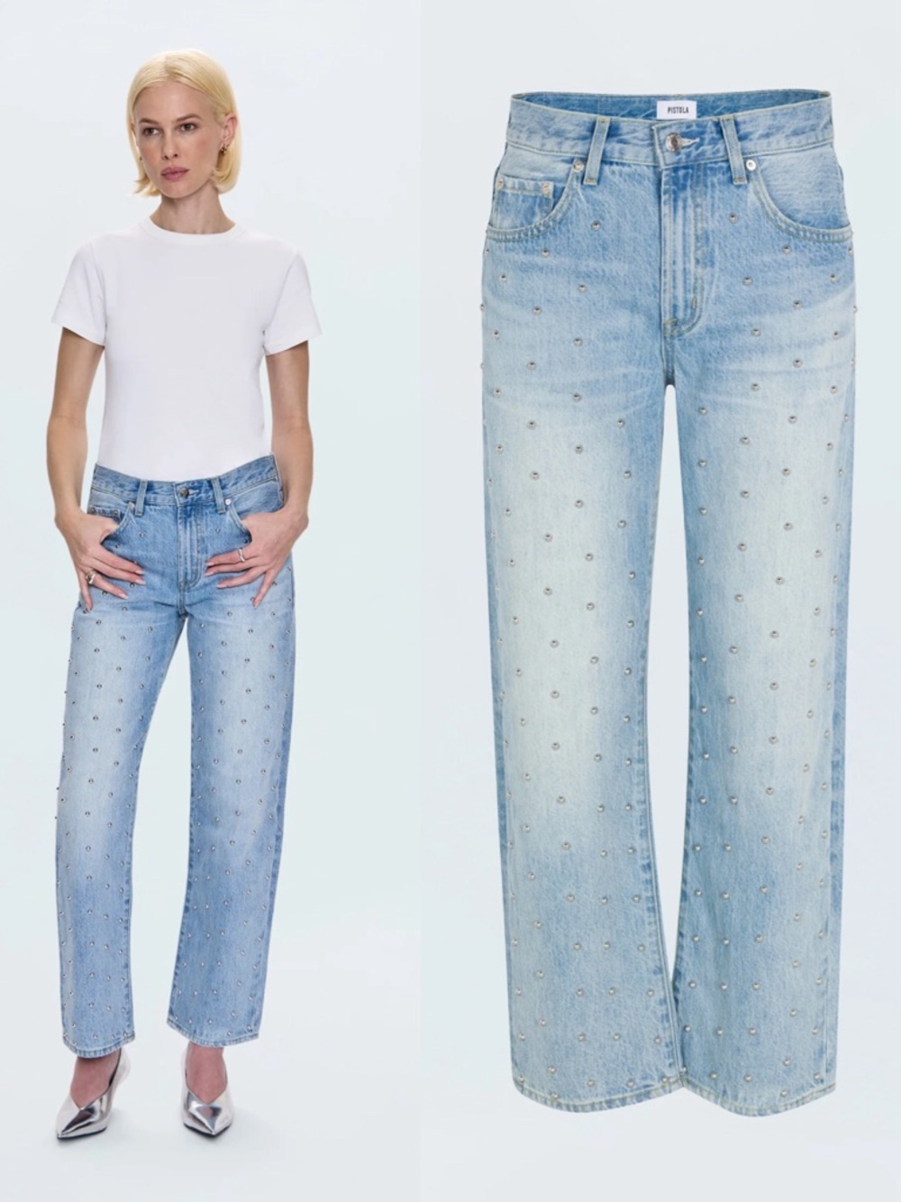 Pistola Lexi Mid Rise Bowed Straight Jean Aries Size 25 Light Wash Studded